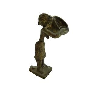 Vintage West Africa Small Gold Weight Brass Sculpture Woman Carrying Basket